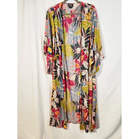 Angie $73 Large Green Pink Tropical Rainforest Floral Boho Rayon Duster Kimono - Picture 1 of 11